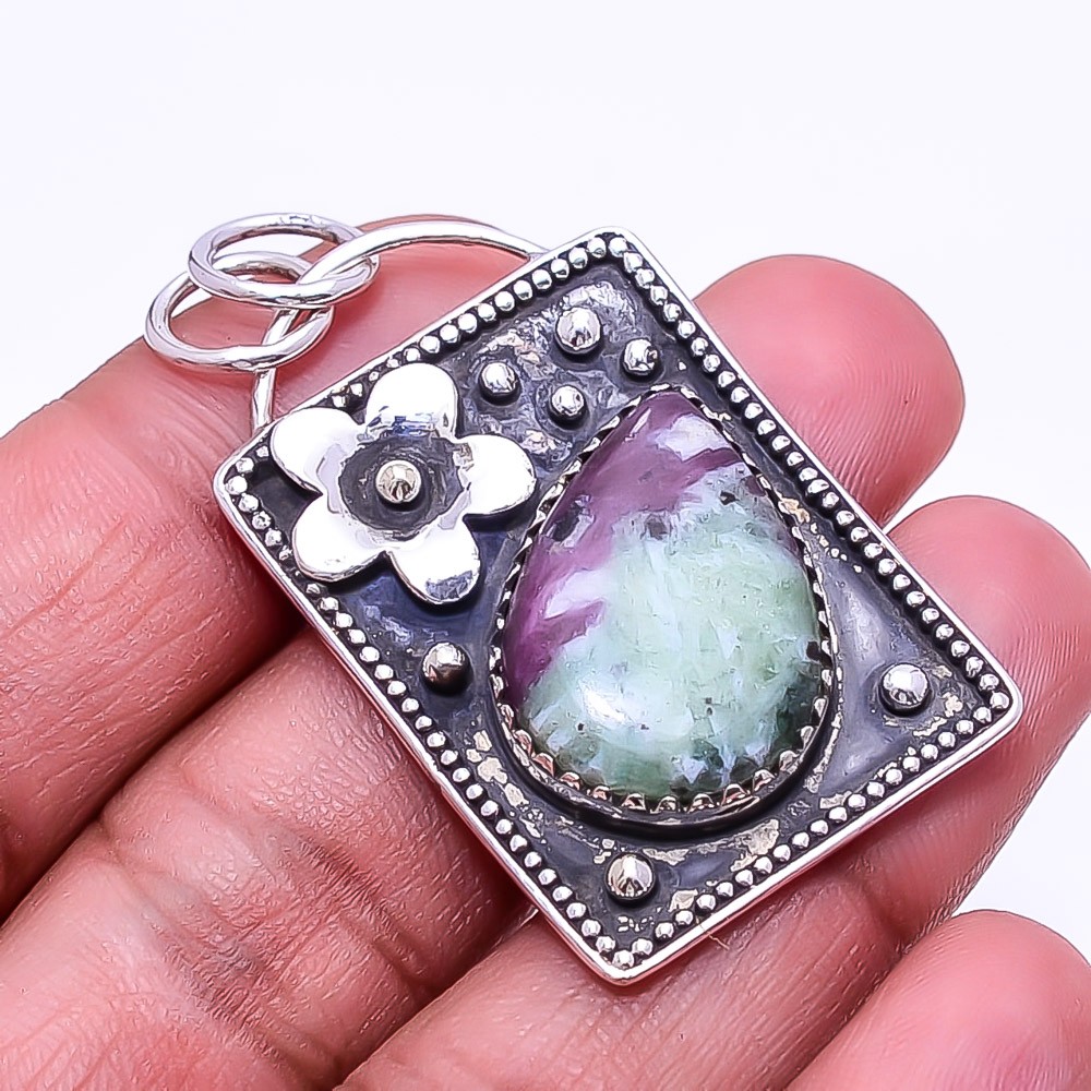 Ruby With Zoisite – Tanzania Oxidised 925 Silver Pendant 1.76″ P17