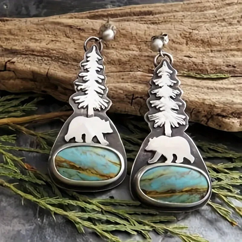 BEAR PAW TREE FANCY FOX SILVER TURQUOISE EARRINGS WESTERN SOUTHWEST Easter
