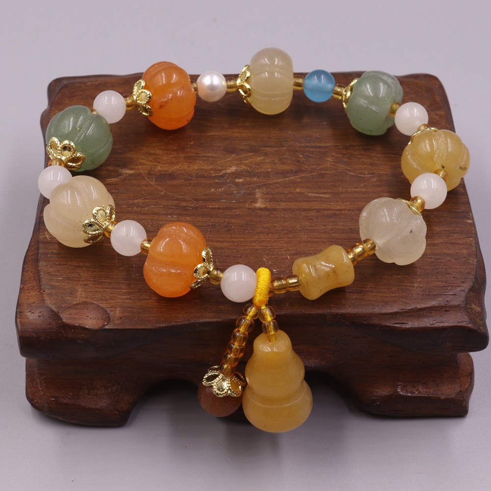 Natural Jinsi Jade Bracelet 13mm Pumpkin Bead Women Bracelet Fit 16.5cm