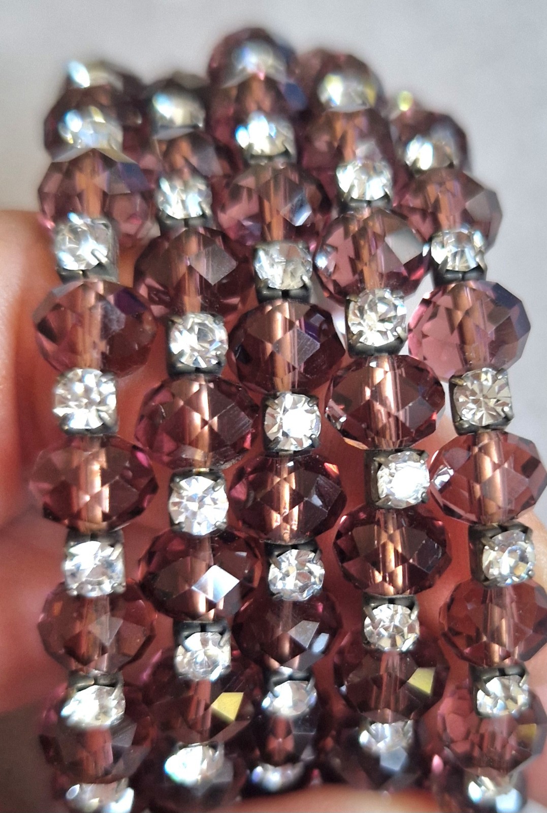 Purple Crystal Beaded Wrap Bracelet • Silver‑Tone • No Clasp • Stackable
