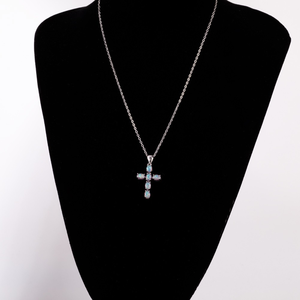Latin Cross Lavender Purple Fire Opal Cabochon Silver Jewelry Necklace Pendant