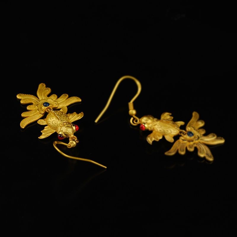 New Gold Plated Koi Fish Dangle Earrings Chinese Hanfu