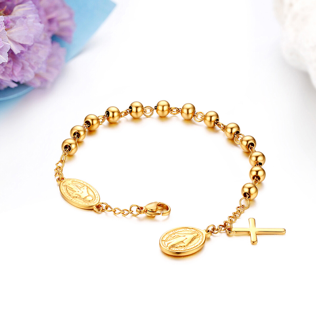 Women Men Unisex Stainless Steel Virgin Mary Cross Pendant Beaded Chain Bracelet