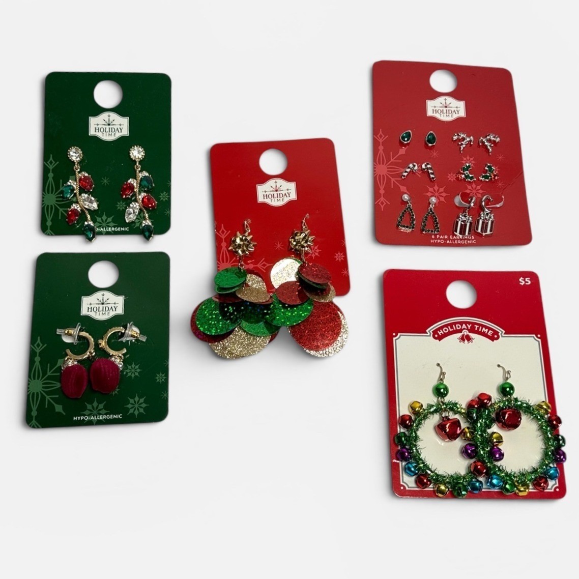 Holiday Time Christmas Earring Set Womens OS NEW Festive Bundle 5pk