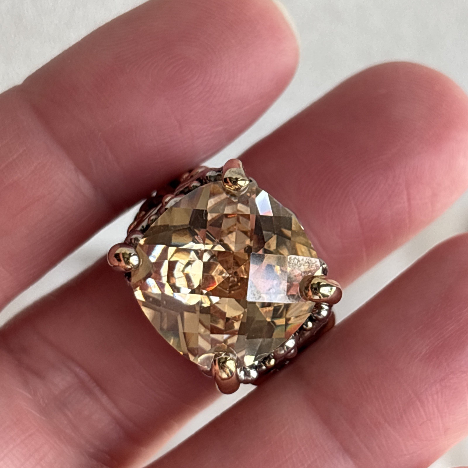 Inspirational Champagne Cushion Cut CZ Crystal Silver Gold Balinese Ring Size 7