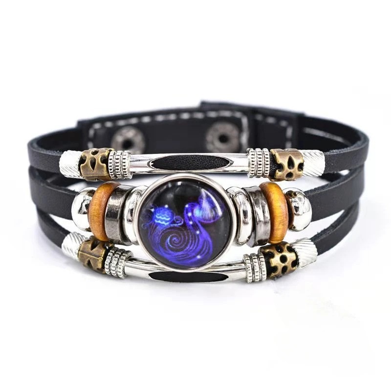 Zodiac Signs Spirit Bracelet, Beaded 12 Constellation Zodiac Leather Bracelet