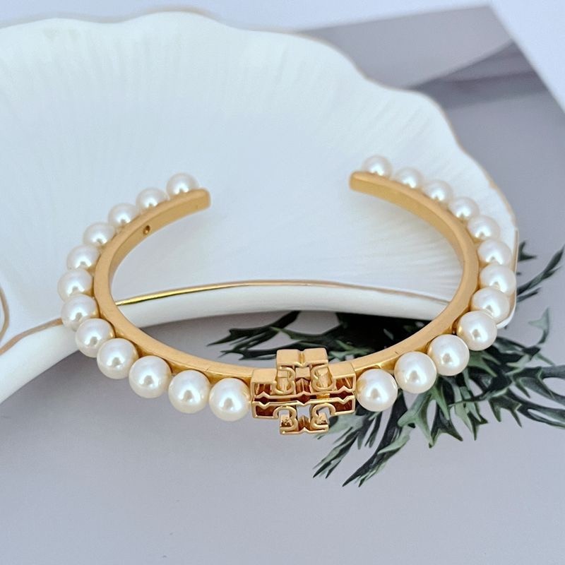 New Tory Logo Pearl Cuff Bangle Ivory OS with Jewelry Pouch