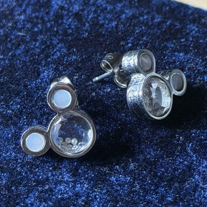 Silver Tone White Crystal -Disney Mickey Mouse Stud Earrings