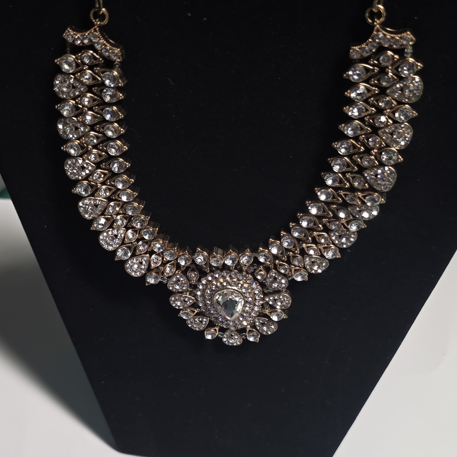 Gold Tone Collar Statement Necklace Clear Rhinestone Teardrop Pendant Adj
