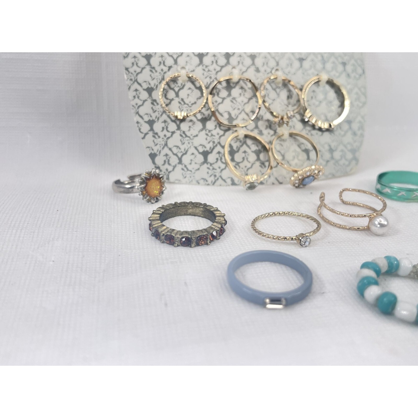 Lot of 13 World Market Ring Set Gold Tone w/ Rhinestones Pearl Beaded Jewelry