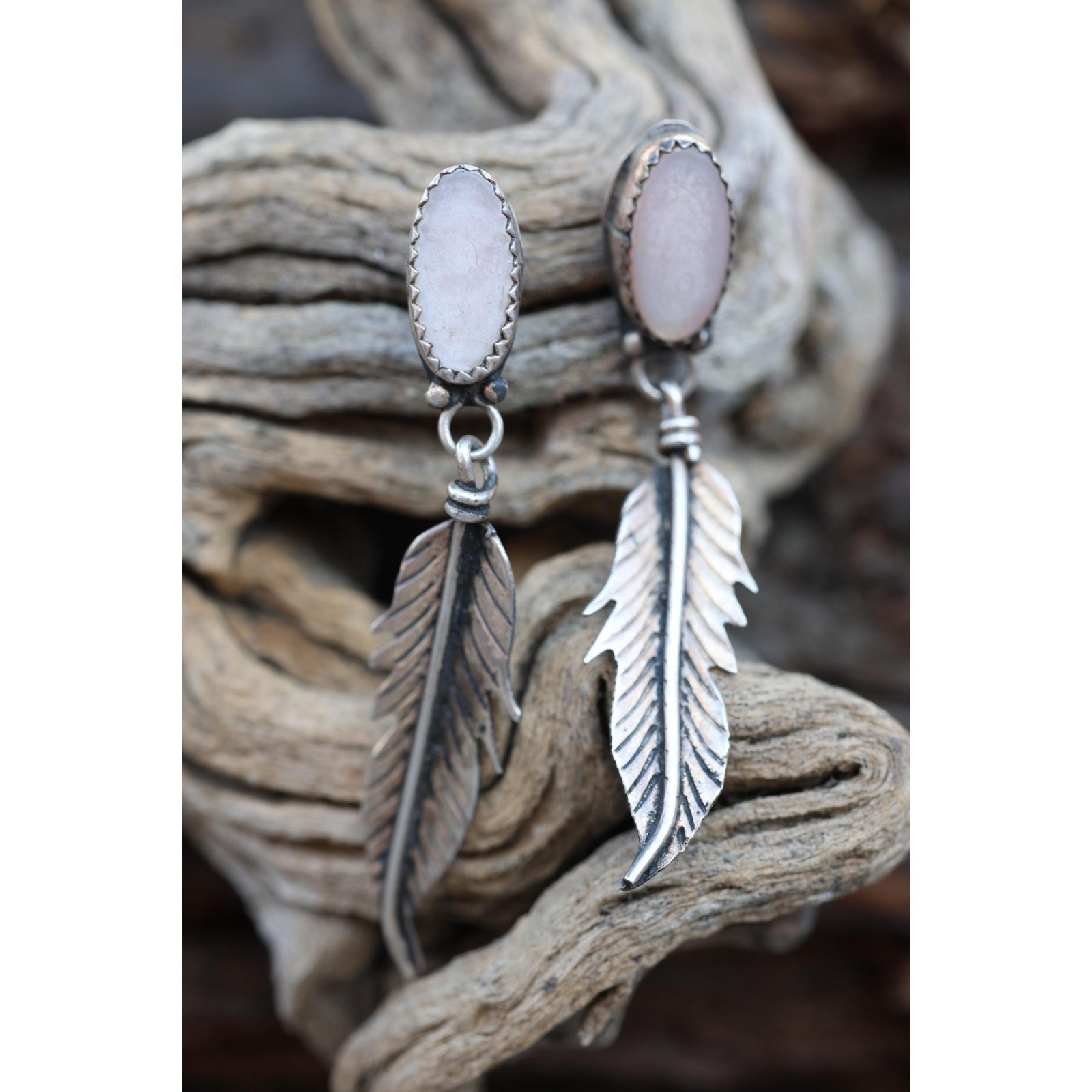 Silver Feather Earrings, Southwest Style Dangle Drops,Pink Cabochon Hand Stamped