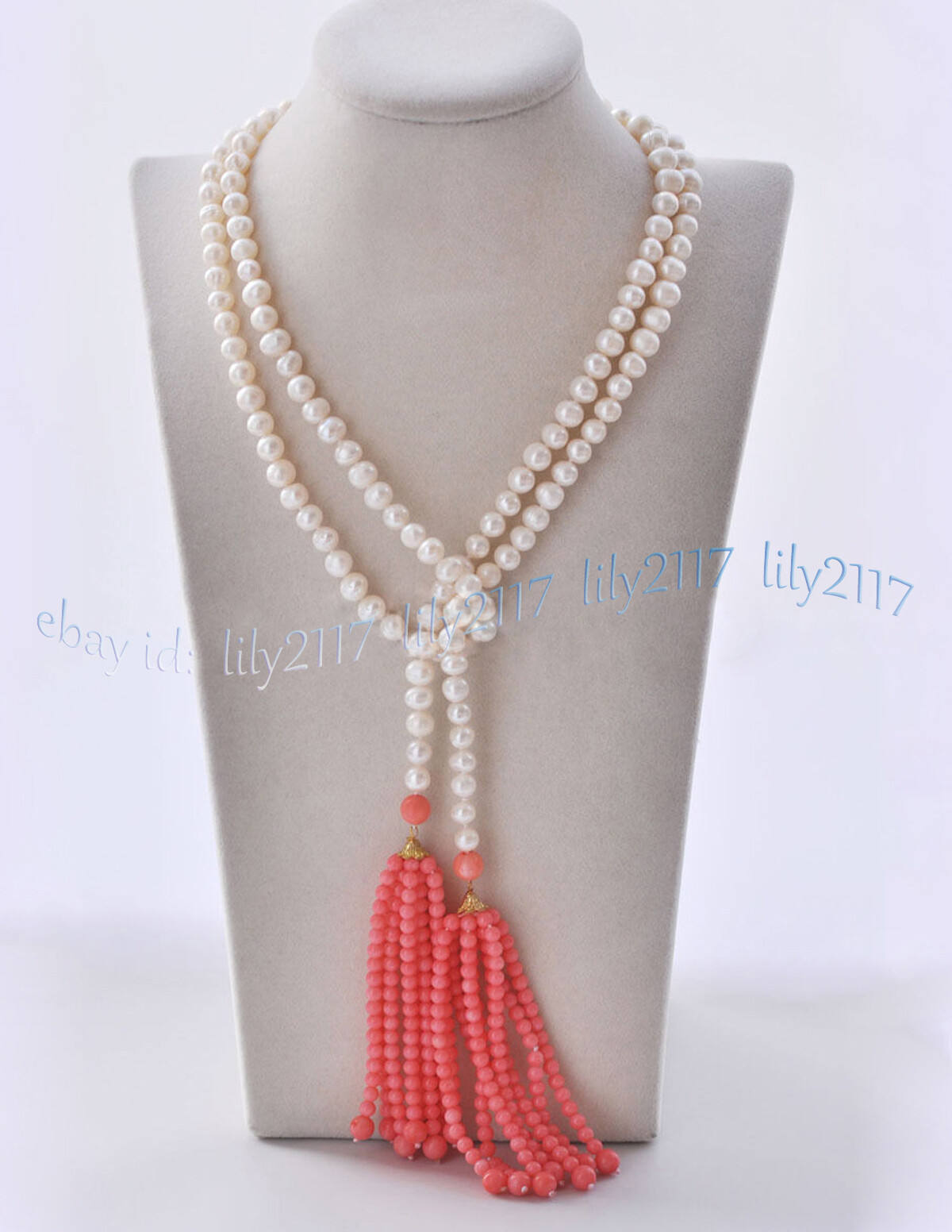 7-8mm Natural White Round Freshwater Pearl 4mm Pink Coral Tassels Necklace 48″