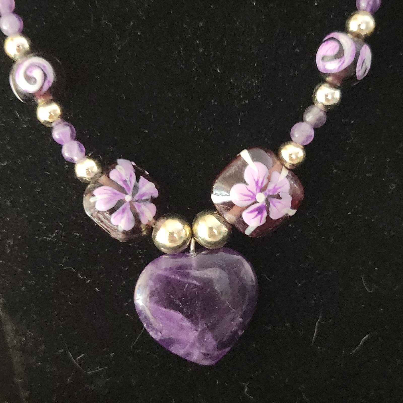 Purple Amethyst Heart Charm Pendant Beaded Necklace Adjustable Lobster Clasp