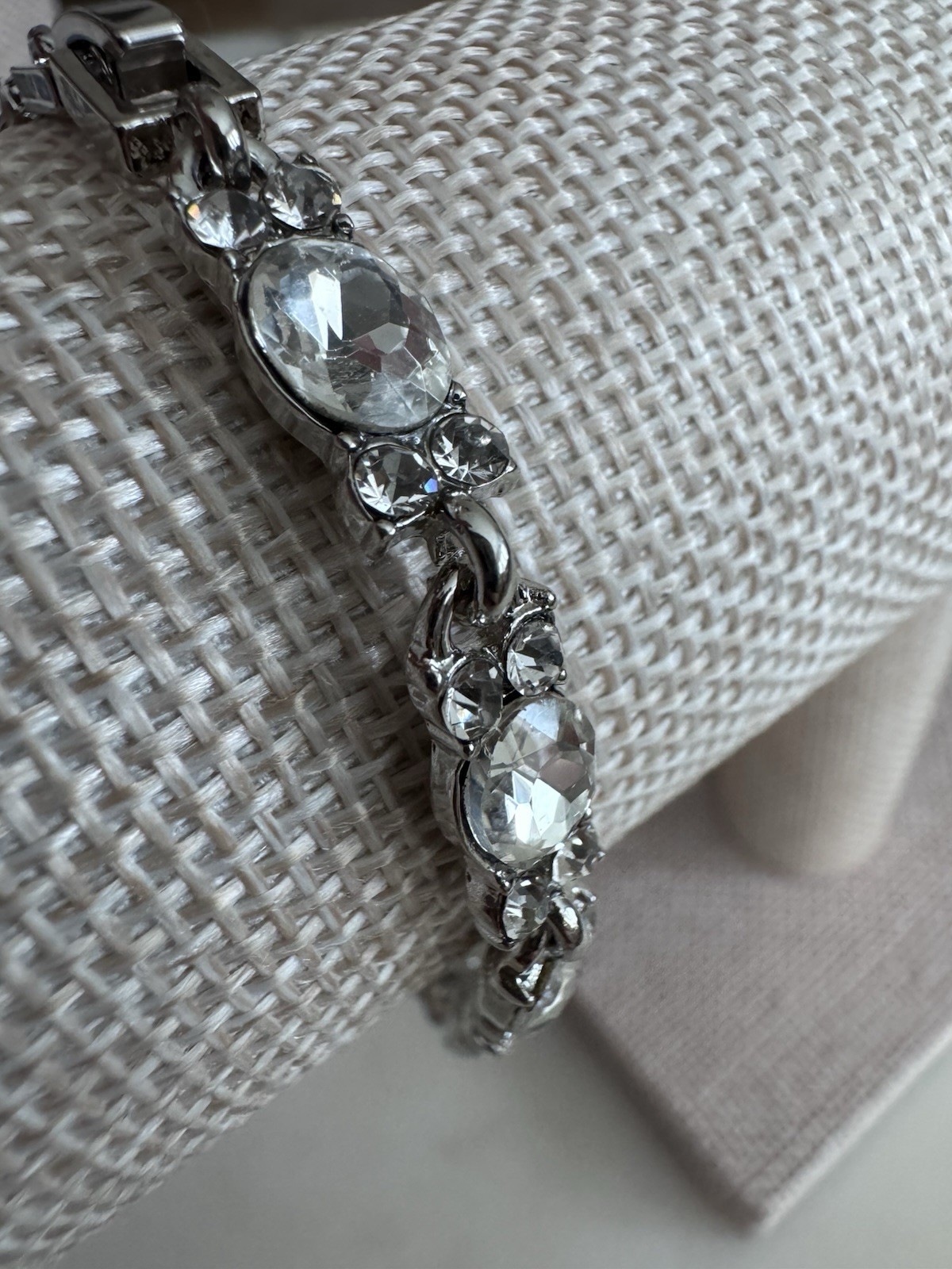 Sparkle Silver Tone Crystal Tennis Bracelet Fold Over Clasp 8 inches