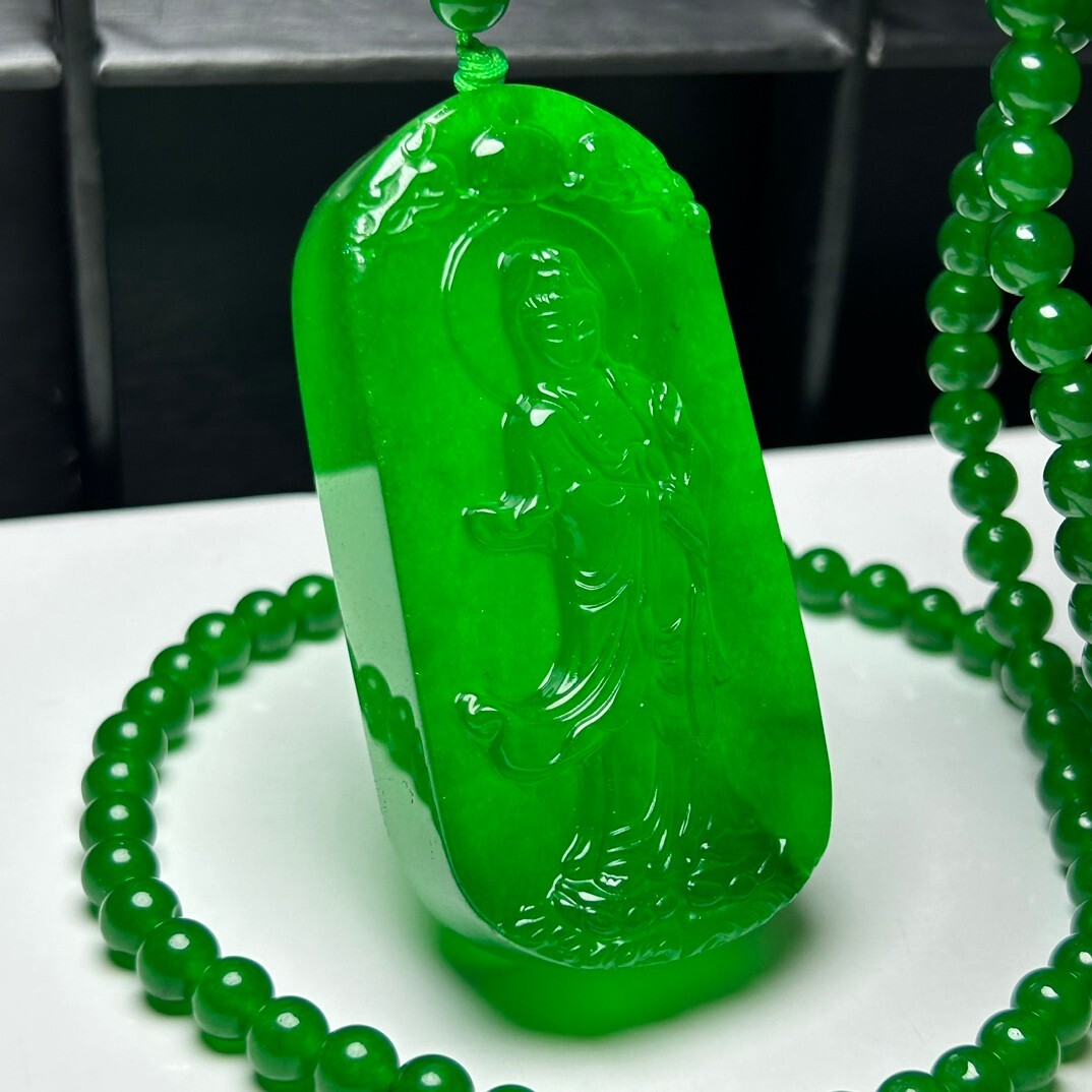 Certified Natural Ice Green jade Jadeite Carved Guanyin Pendant&Necklaces 站观音
