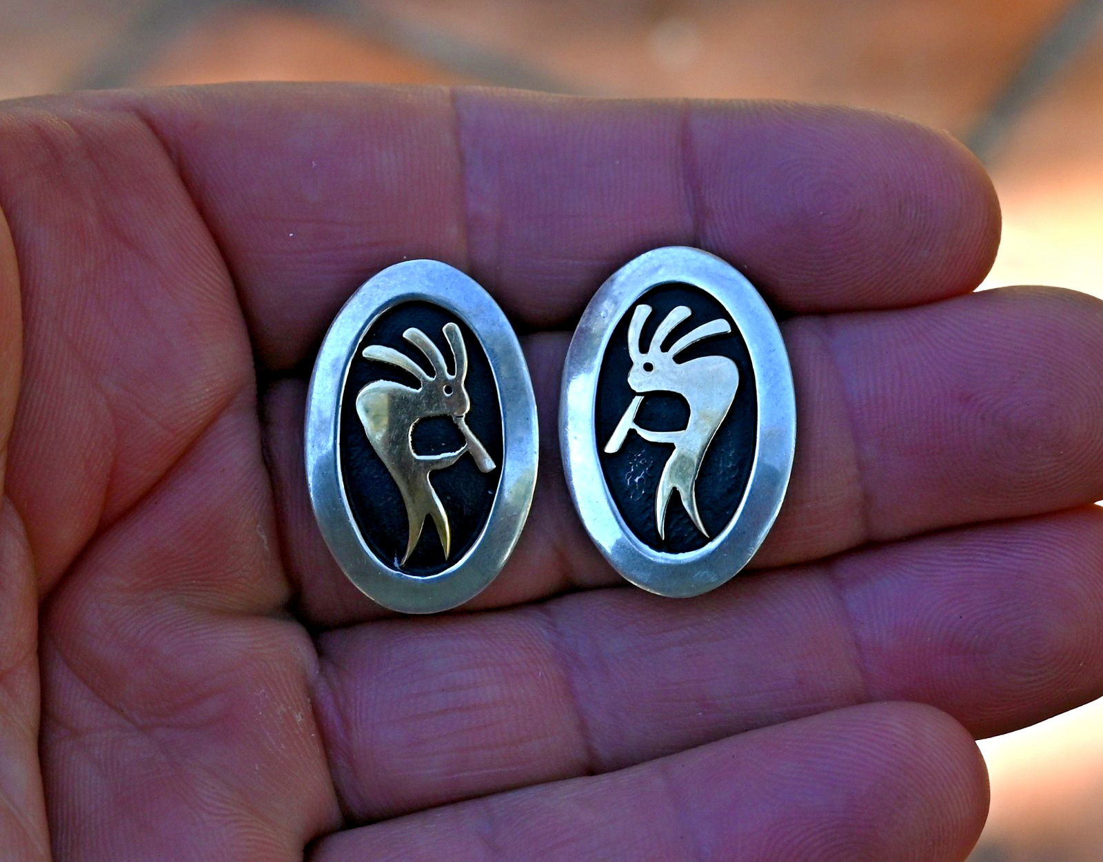 M.M Rogers Native American 14k Gold & Sterling Silver Earrings 9.8 grams 1 1/8″