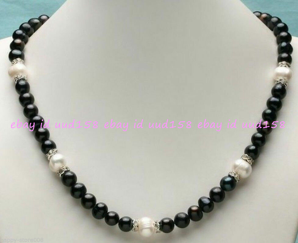 Long 18″ 22″ 24″ 28″ 8-9mm Real Natural Black & White Pearl Necklace