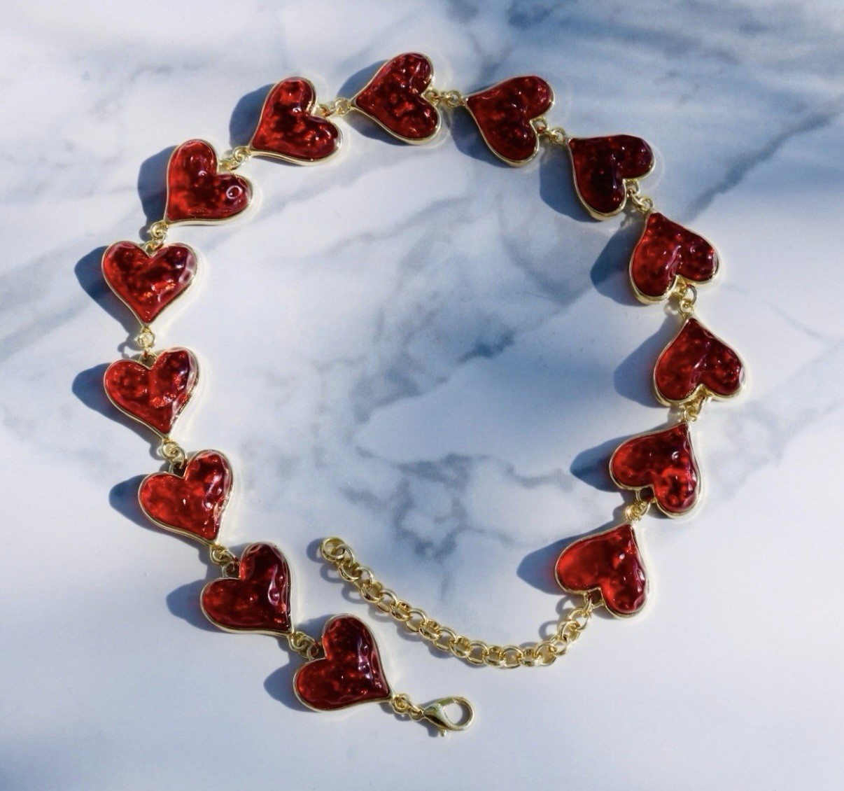 Acrylic Red Heart Gold Toned Textured Necklace