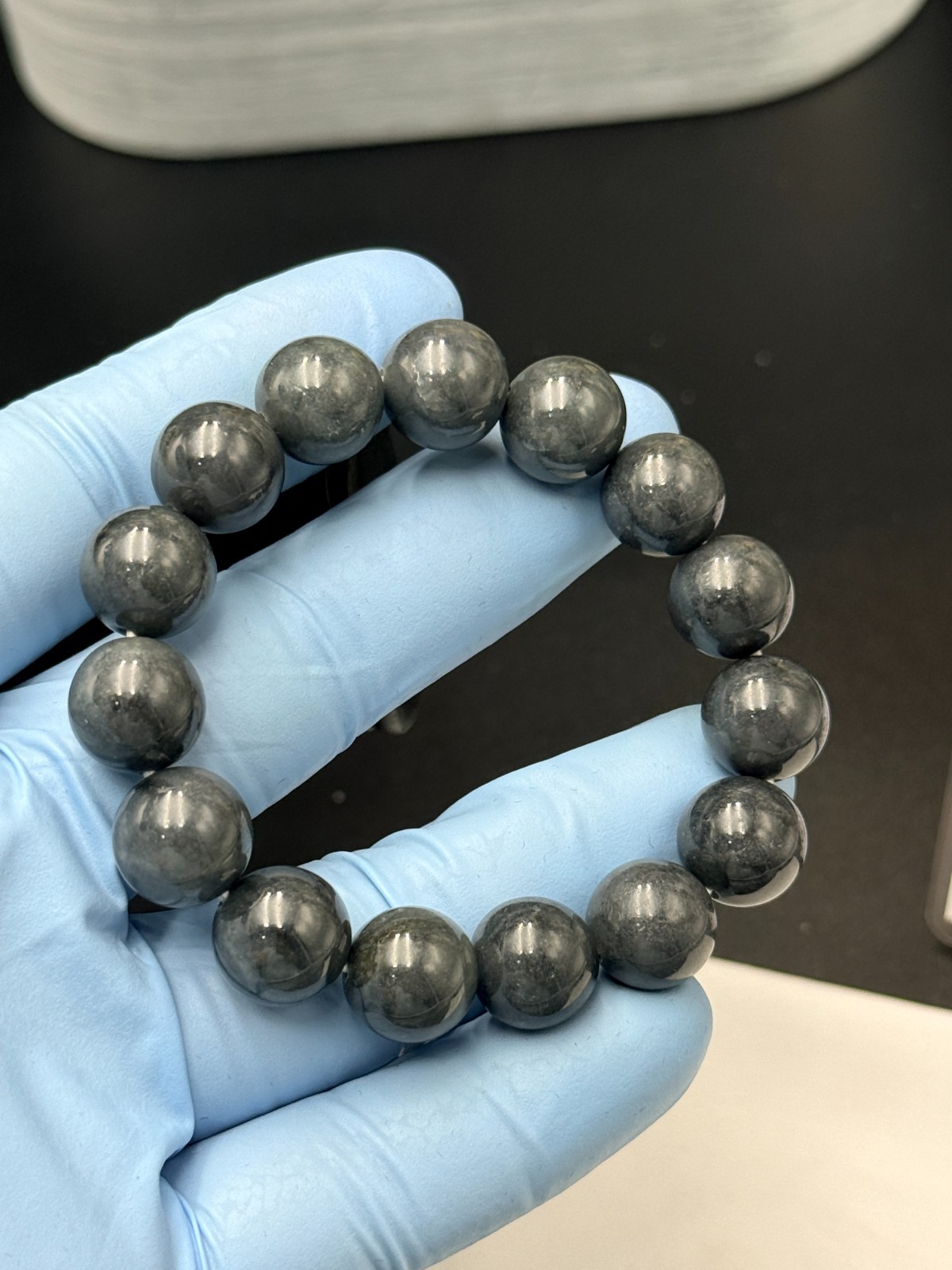 Certified Natural Jadeite Jade Beaded Bracelet Gray Black 13.2 mm #100094