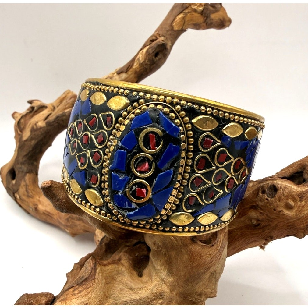 Tibetan Style Mosaic Blue Lapis/Red Coral & Brass Cuff Bracelet