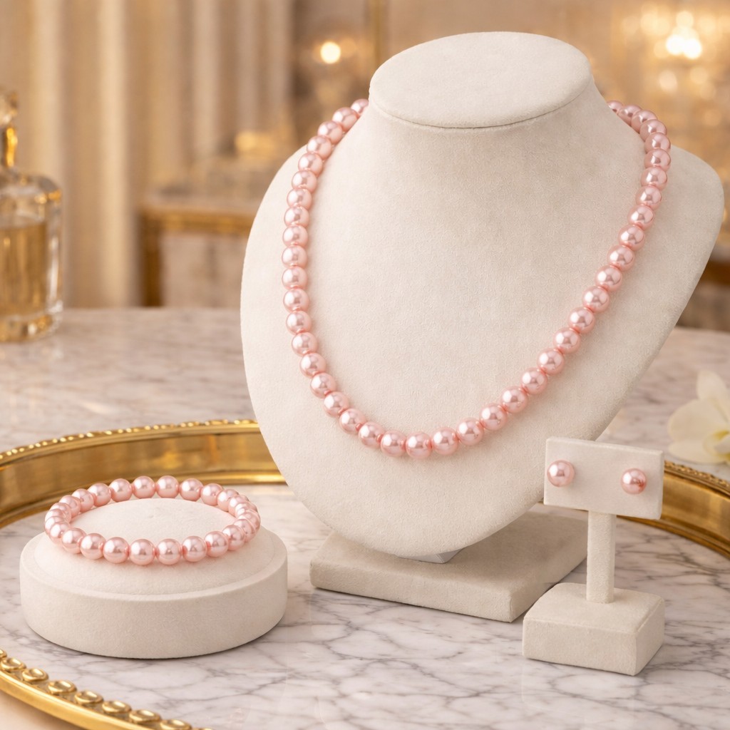 Elegant Pink Faux Pearl Beaded Jewelry Set Necklace Bracelet Stud Earrings…