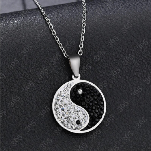 BLACK WHITE SHINY CRYSTAL YIN YANG pendant 18″ 925 Sterling Silver Necklace gift