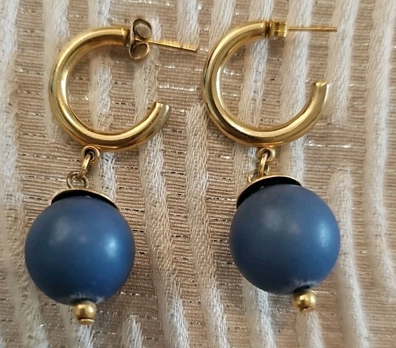 Pierced Dangle Post Earrings Goldtone Hoop W/Round Blue Wood Ball 1 3/4″ L