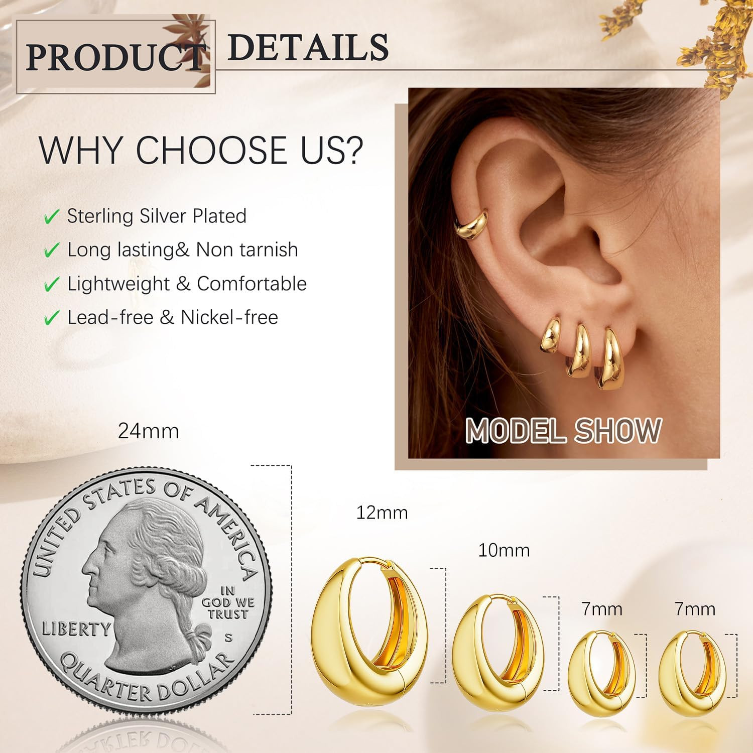 4 Pairs Small Huggie Hoop Earrings for Women, Chunky 14K Gold Plated Earrings St
