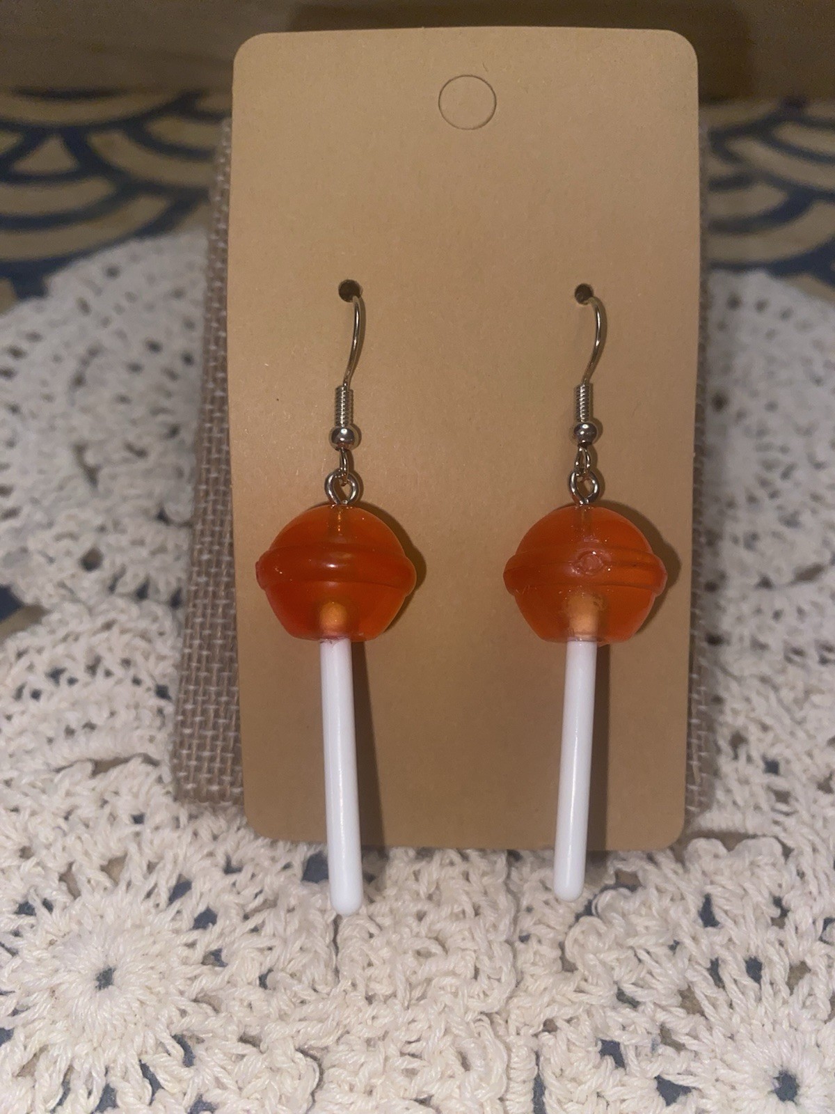 Orange Lollipop Dangle Earrings Cute Candy Novelty Kawaii Silver Tone Hooks