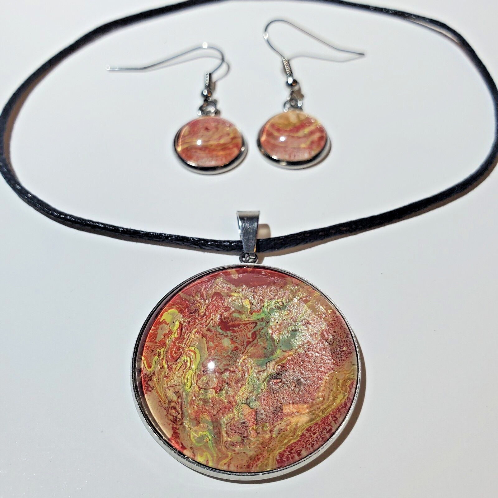 Necklace and Earrings Set, Acrylic Paint Pour Painting Jewelry, A4