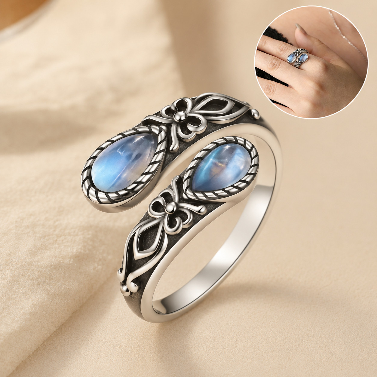 Adjustable Open Spoon Ring Criss Cross Moonstone Gemstone Band