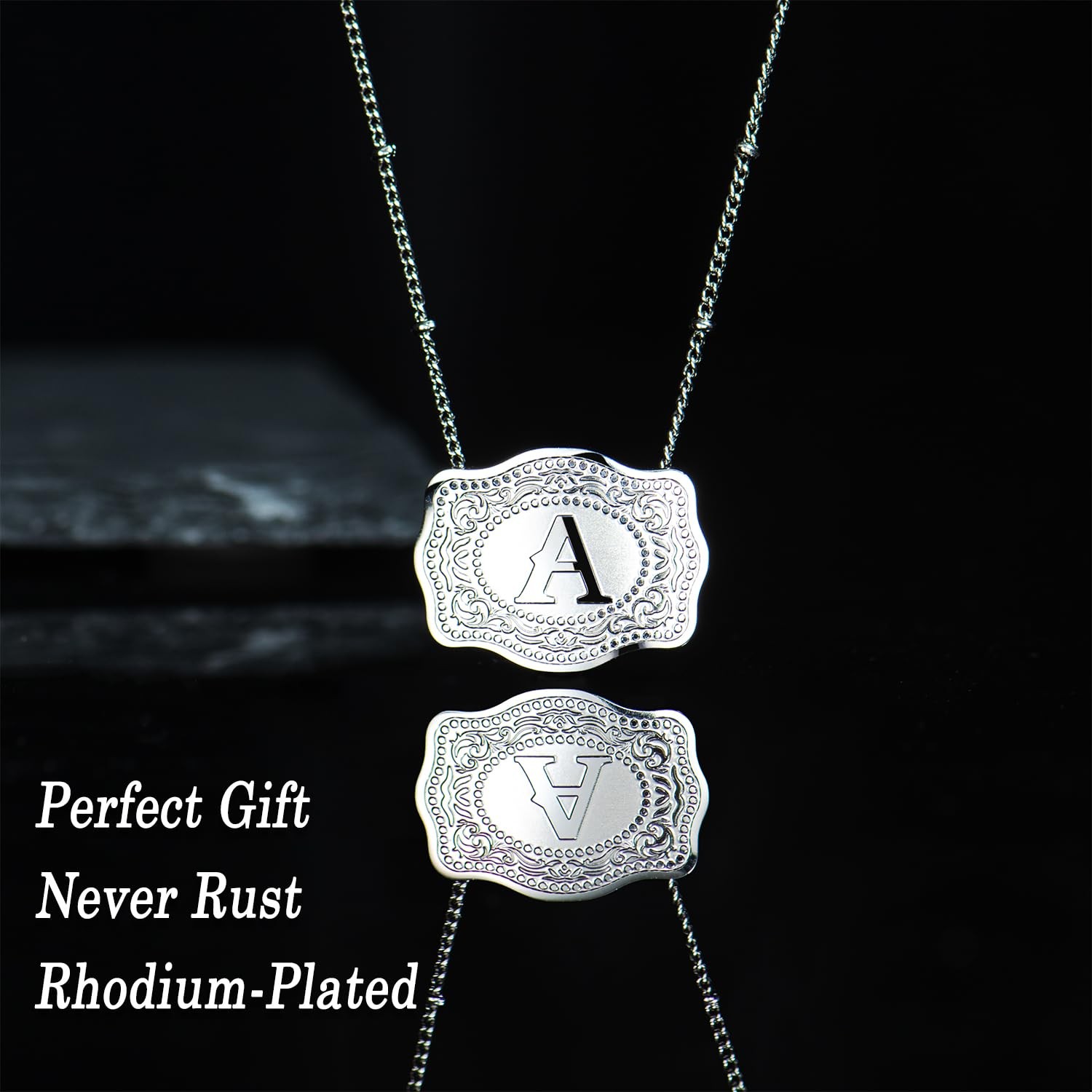 Rhodium-Plated Initial Letter Pendant Necklace with Embossed Belt Buckle, Wes…
