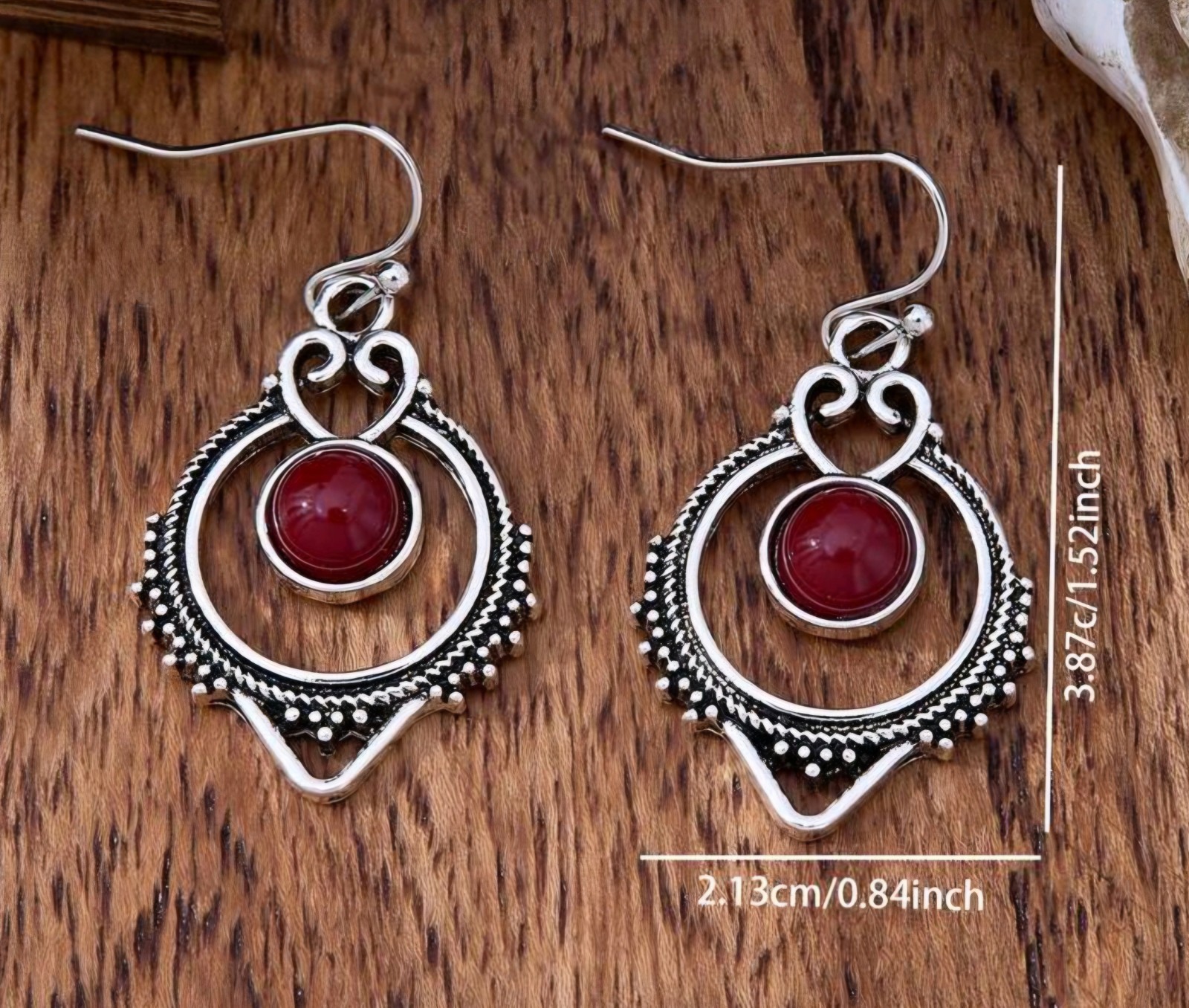 Boho Circle Dangle w/Heart Cutout Red Gemstone French Hook Earrings Approx 1.5″L