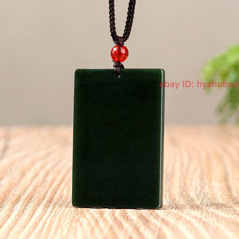Certified Natural Ink Jade HeTian Nephrite Jade Rectangle Lucky Pendant Necklace