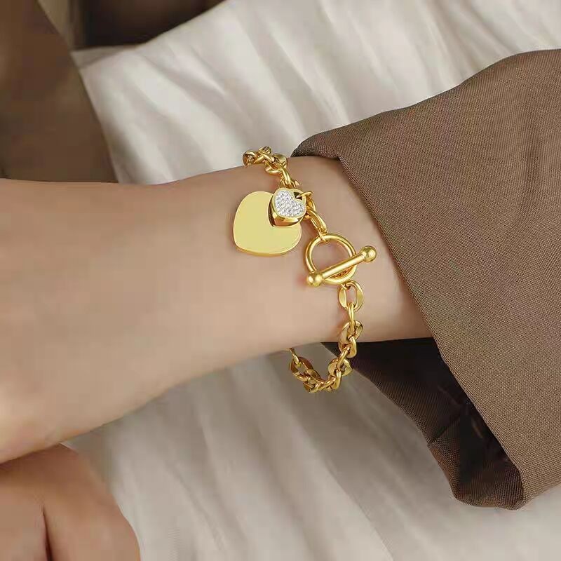 Gold Plated Alloy Chain Link Dual Heart Dangle CZ Pave OT Toggle Clasp Bracelet