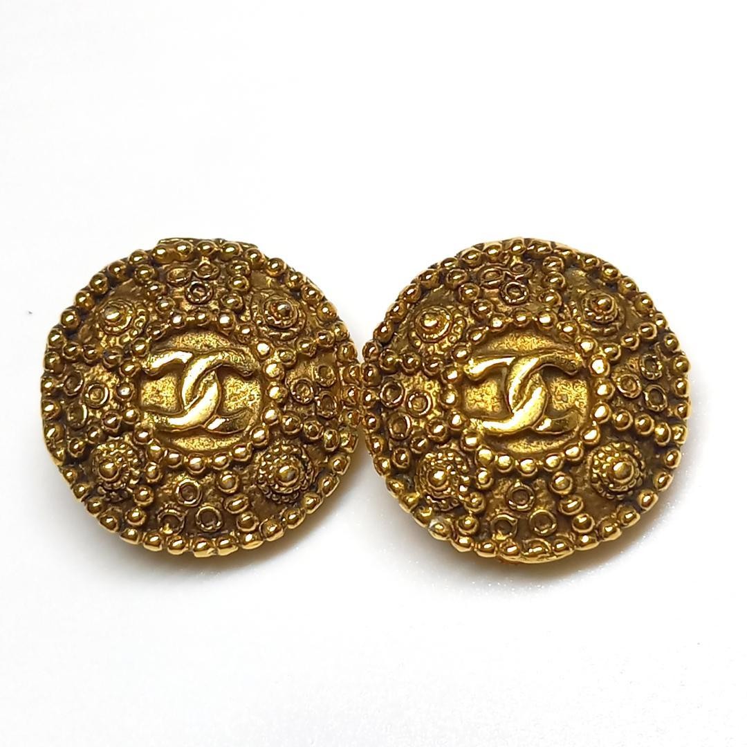 Chanel Earrings Gold Coco Mark Logo Metal Round Fashion Accessory Vintage Used