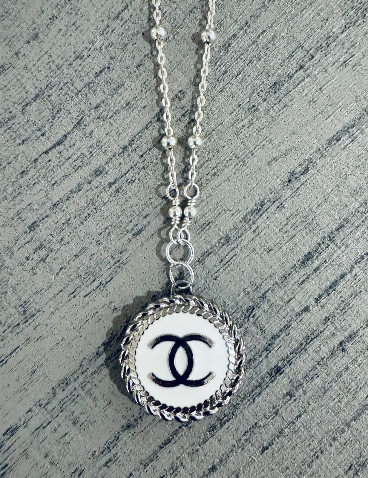Chanel 3/4” White Enamel & Silver Pendant on 18” Silver Station Necklace. UEC!