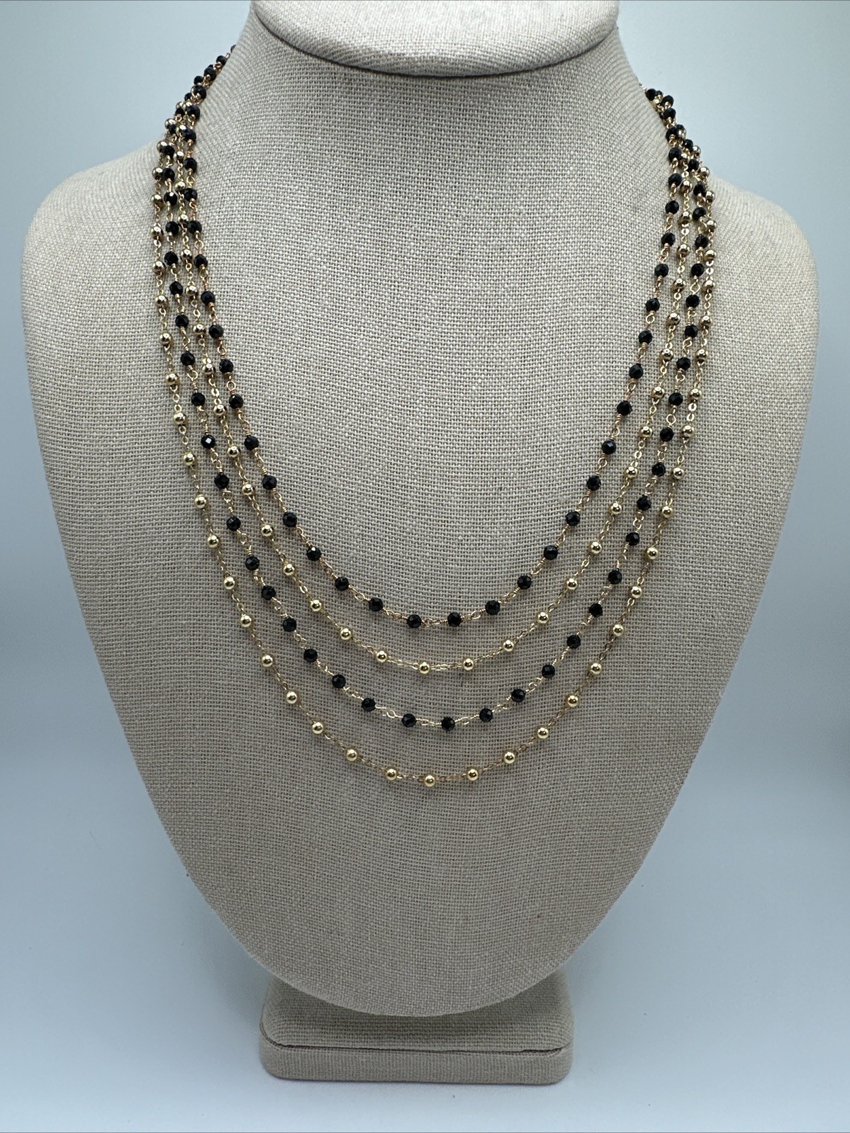 Bellezza Gold Dainty Black Spinel Beaded Layered Chains Necklace Italy 18”