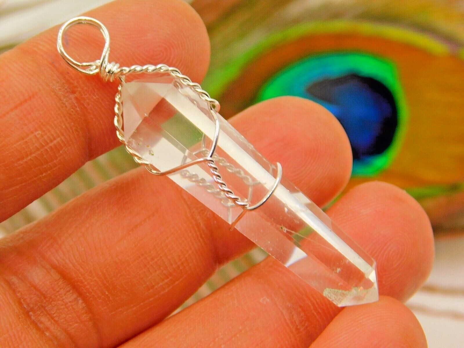 Natural Rock Crystal Healing Pendent, Brass Pencil Wire Wrapped Pendant 2 Inches