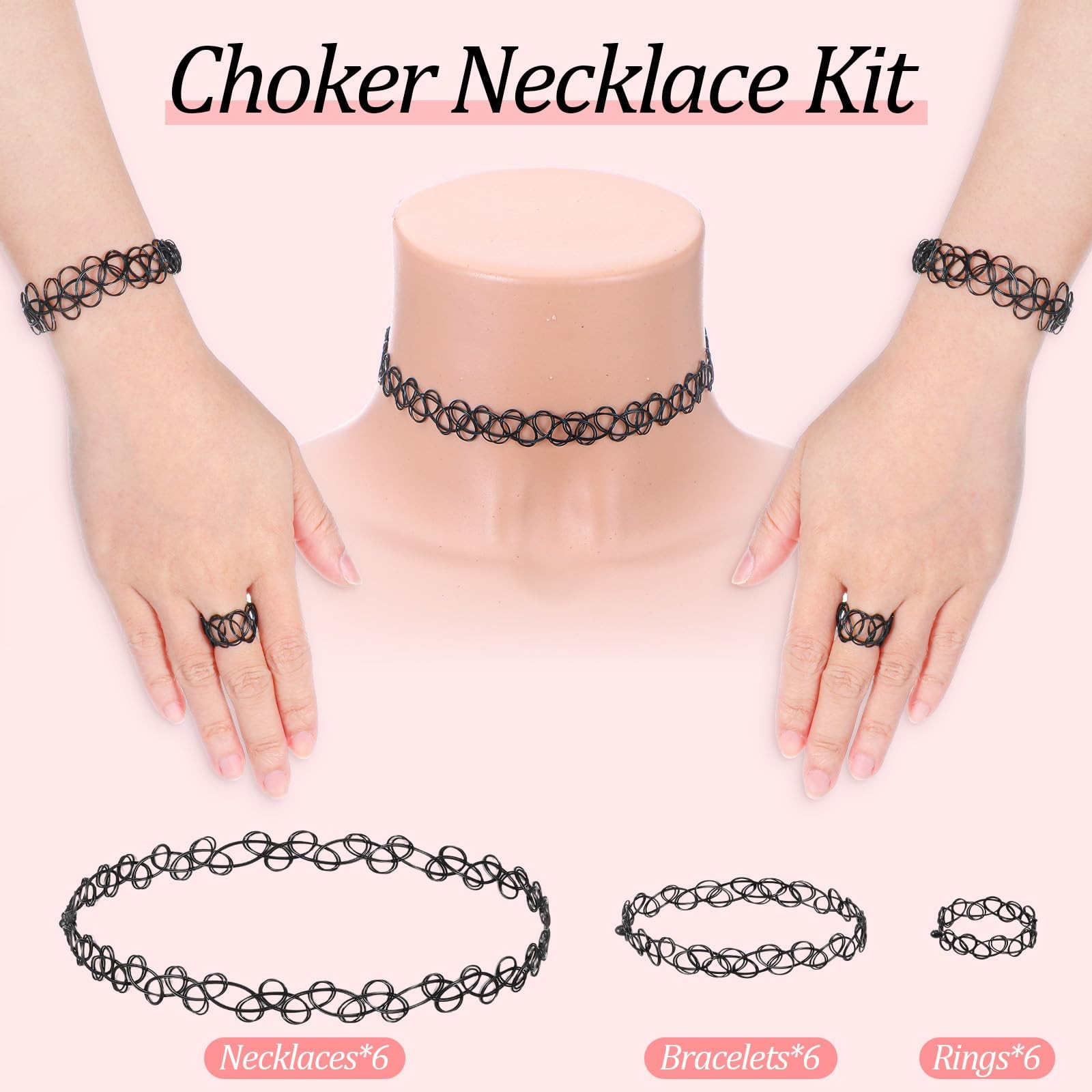 Gsbnjuy 18 Pcs 90s Tattoo Choker Necklace, Bracelet & Ring one size, Black