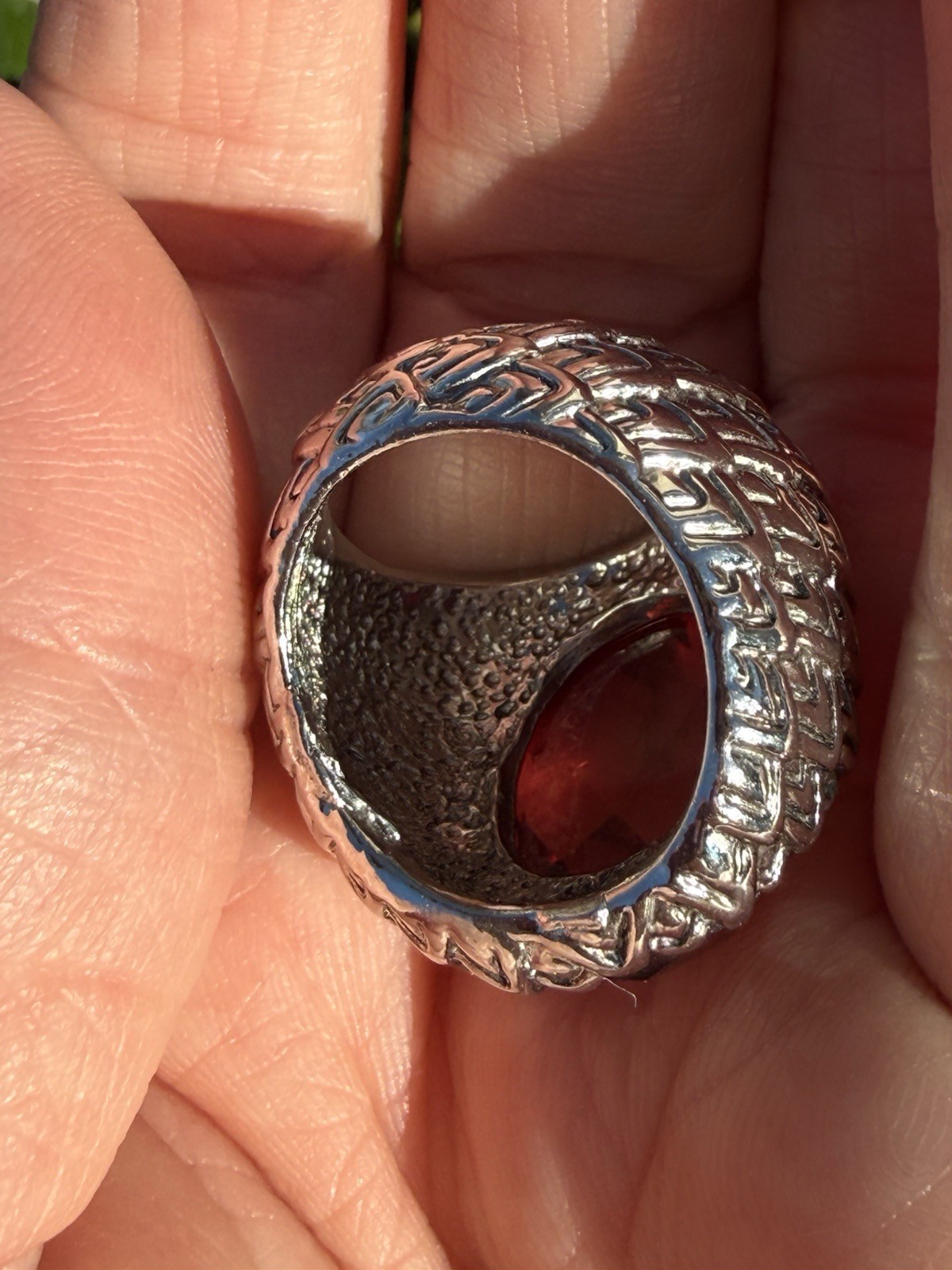 Silver Plated Textured Huge Statement Light Burgundy Faceted Glass Ring Sz7
