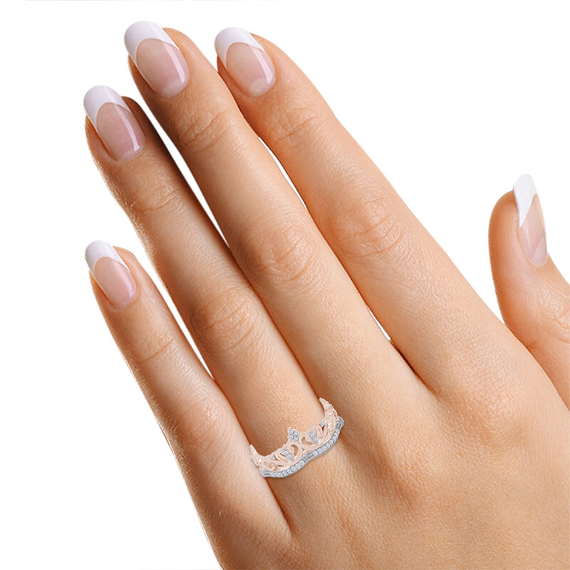 Crown Wedding Band Ring Simulated Diamond 14k Rose Gold Plated Sterling Silver