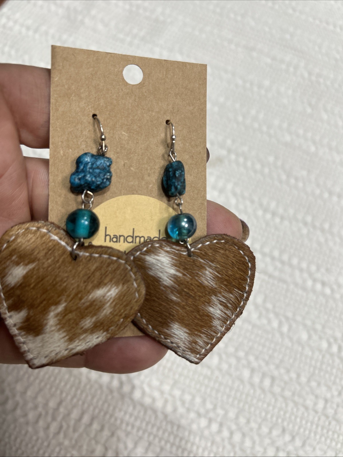 Faux Cowhide & Turquoise Dangle Earrings Handmade 2.5” Heart Nickle Free New