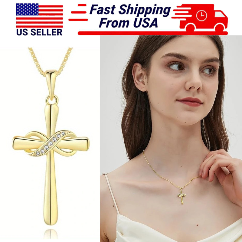 925 Sterling Silver Infinity Cross Pendant Gold Necklace For Women Jewelry Gift