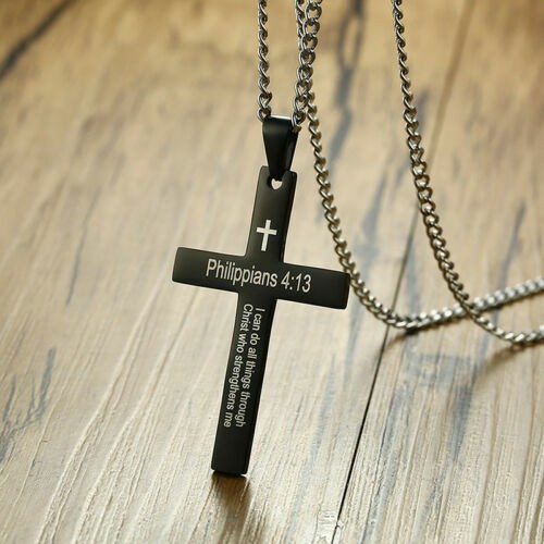 Jesus Cross Necklace Pendant Bible Verse Philippians 4:13 Prayer Encourage Men