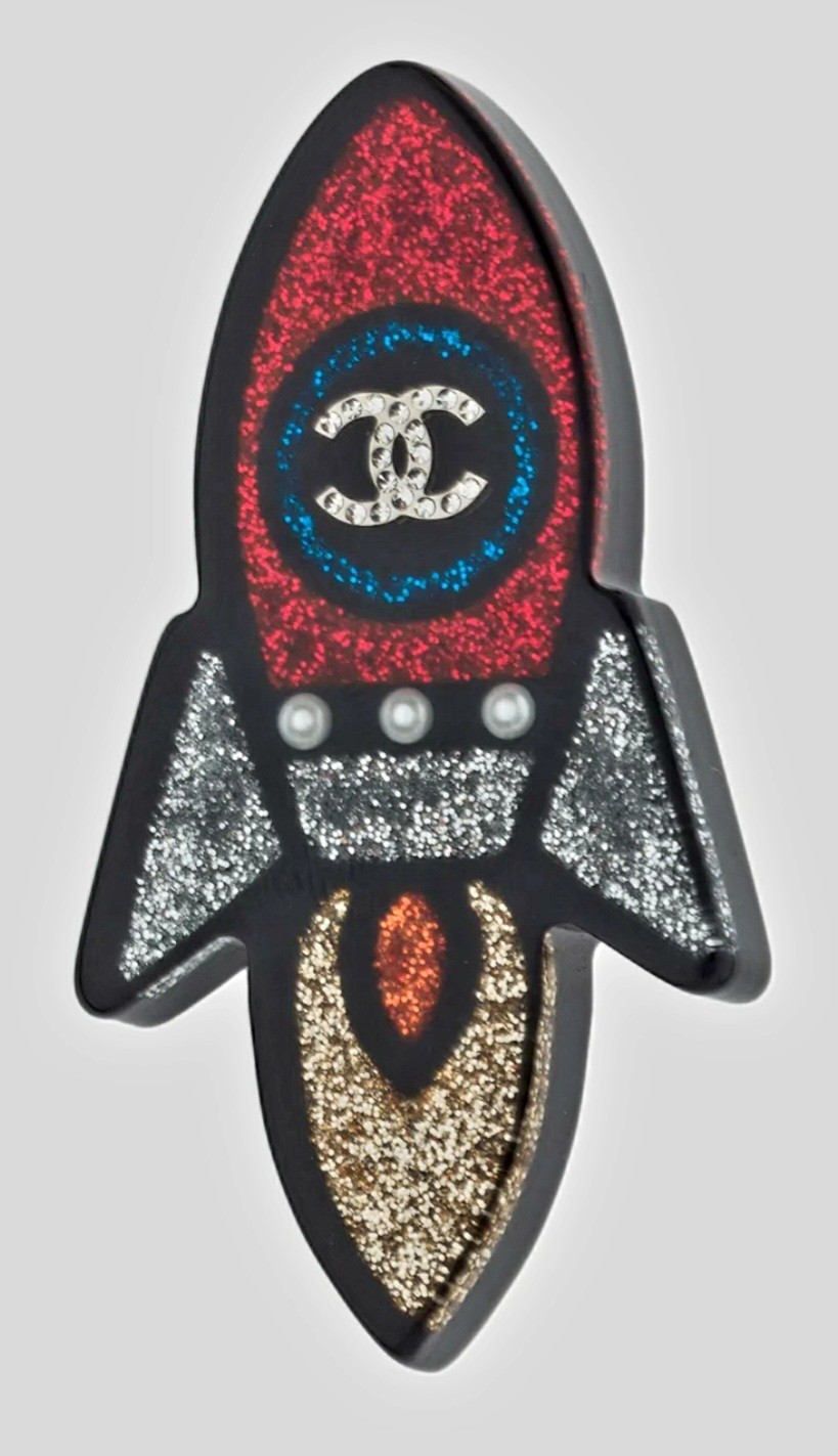 Chanel Rocket Brooch 17S Space Ship Pin Black Red Grey Glitter Rare Resin
