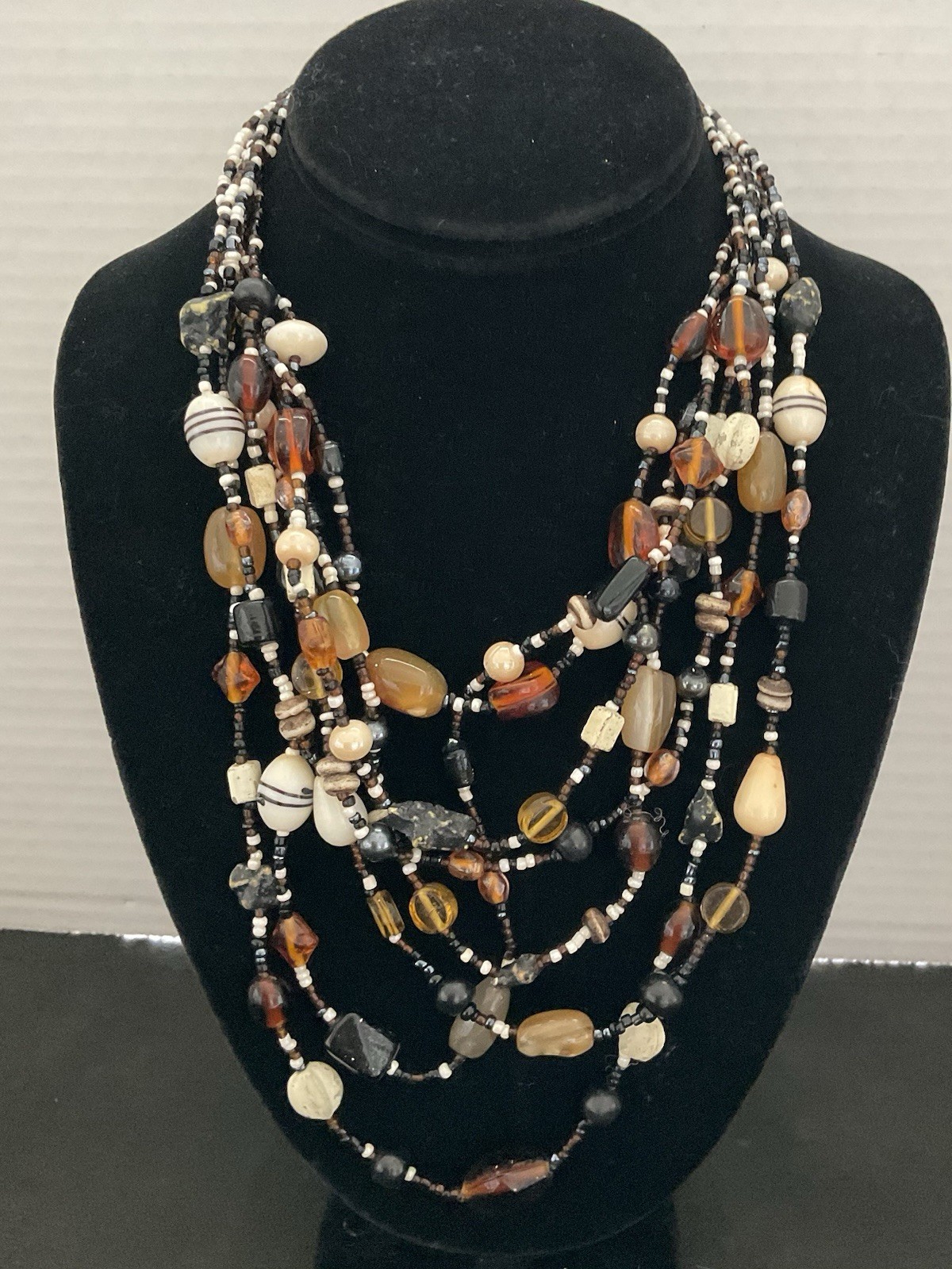 Multi Strand Necklace Earth tone Beads Brown Black Cream Colored Estate Jewelry