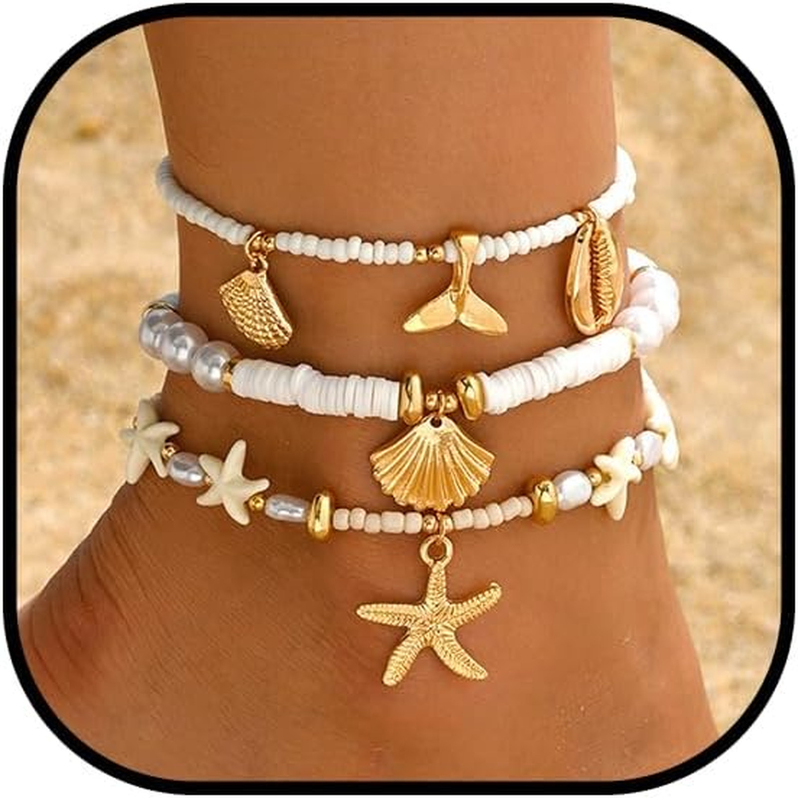 Summer Beach Ankle Bracelet for Women Waterproof Boho Beads Starfish Seashell