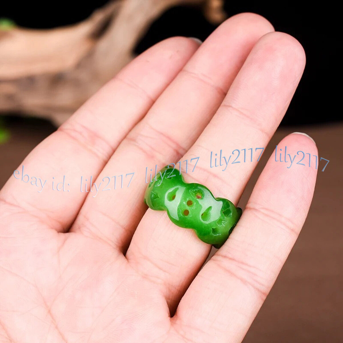 Chinese Natural A Green Jade Jadeite Carved Hollow Out Finger Rings Lucky Amulet