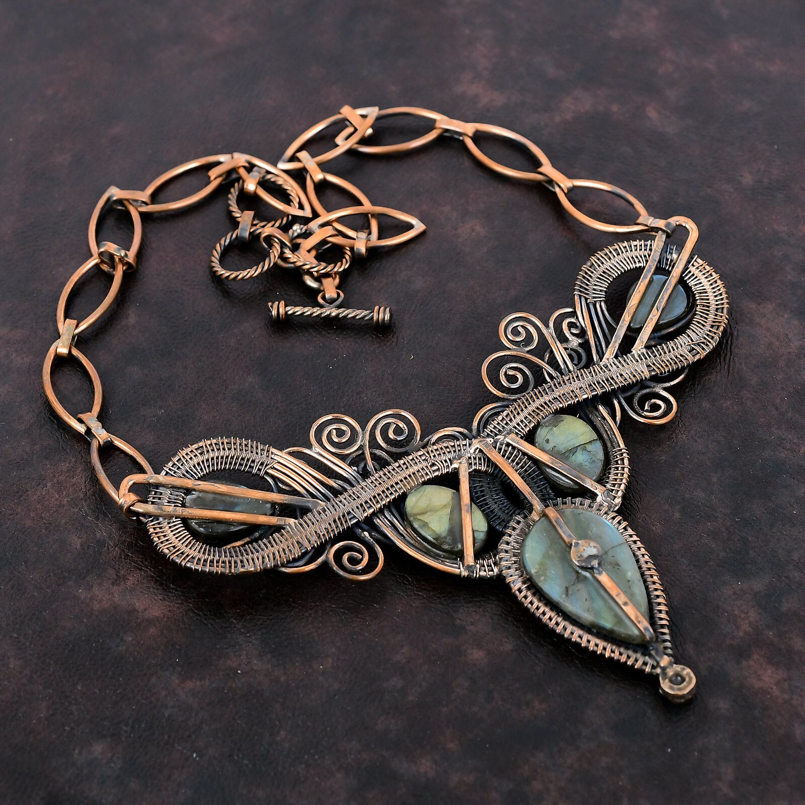 Labradorite Wire Wrapped Adjustable Necklace Handcrafted Copper Designer 18.0″
